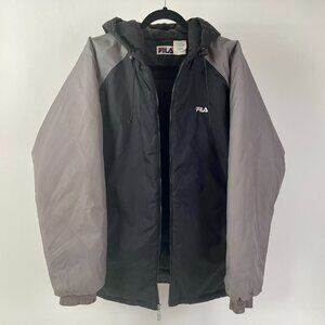 Vintage Fila Midweight Colourblock Hooded Parka Puffer Jacket, Black/Grey, Sz L